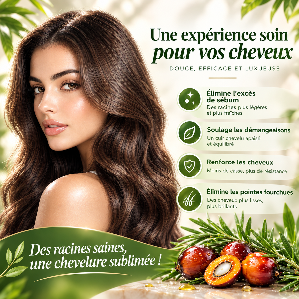 Cheveux brillants après le shampooing batana OLÉANE